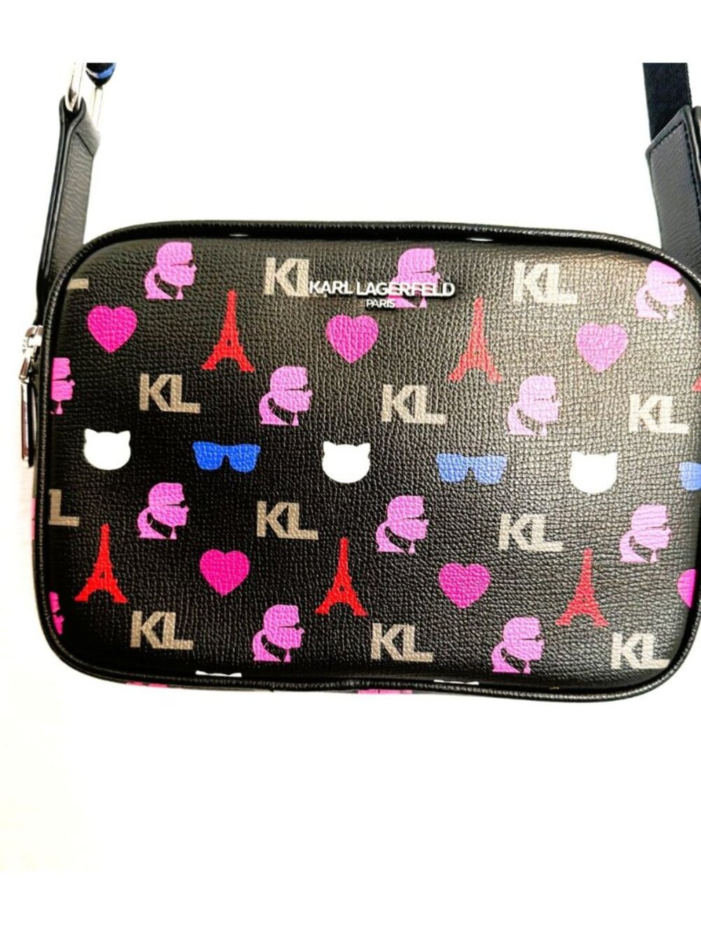 Karl Lagerfeld Paris Maybelle Rectangular Crossbody Bag Black/Wh, double zip